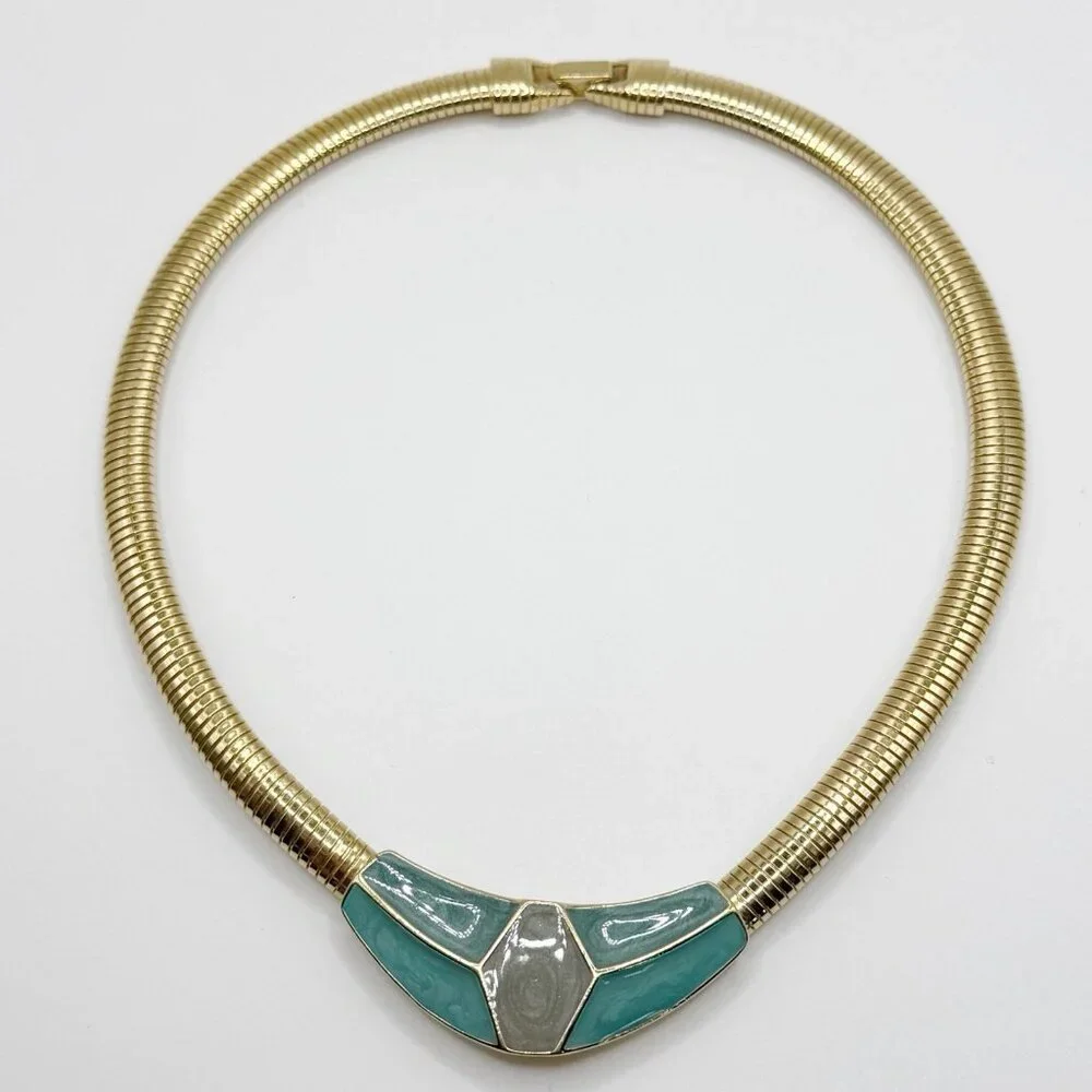 Vintage Trifari‎ Aqua Enamel Collar Necklace 1980s Goldtone